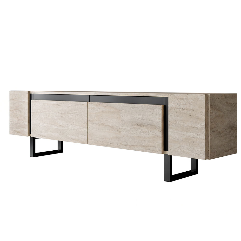 Orlento Wooden TV Stand with Black Metal Legs in Travertine Marble Effect