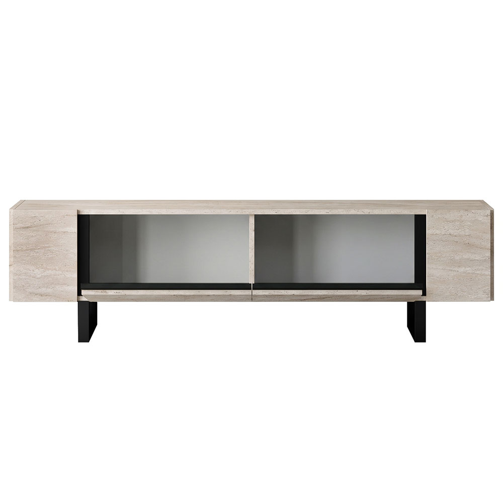 Orlento Wooden TV Stand with Black Metal Legs in Travertine Marble Effect