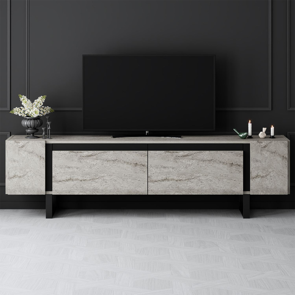 Orlento Wooden TV Stand with Black Metal Legs in Travertine Marble Effect