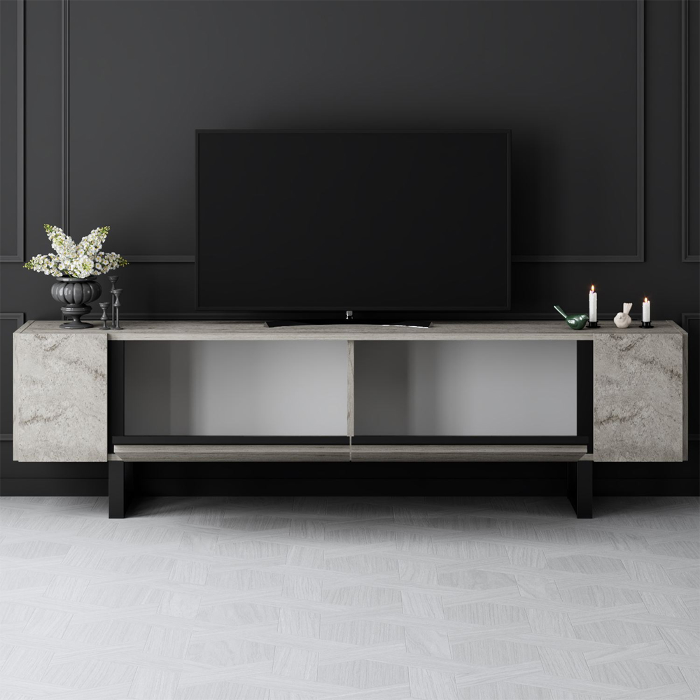 Orlento Wooden TV Stand with Black Metal Legs in Travertine Marble Effect