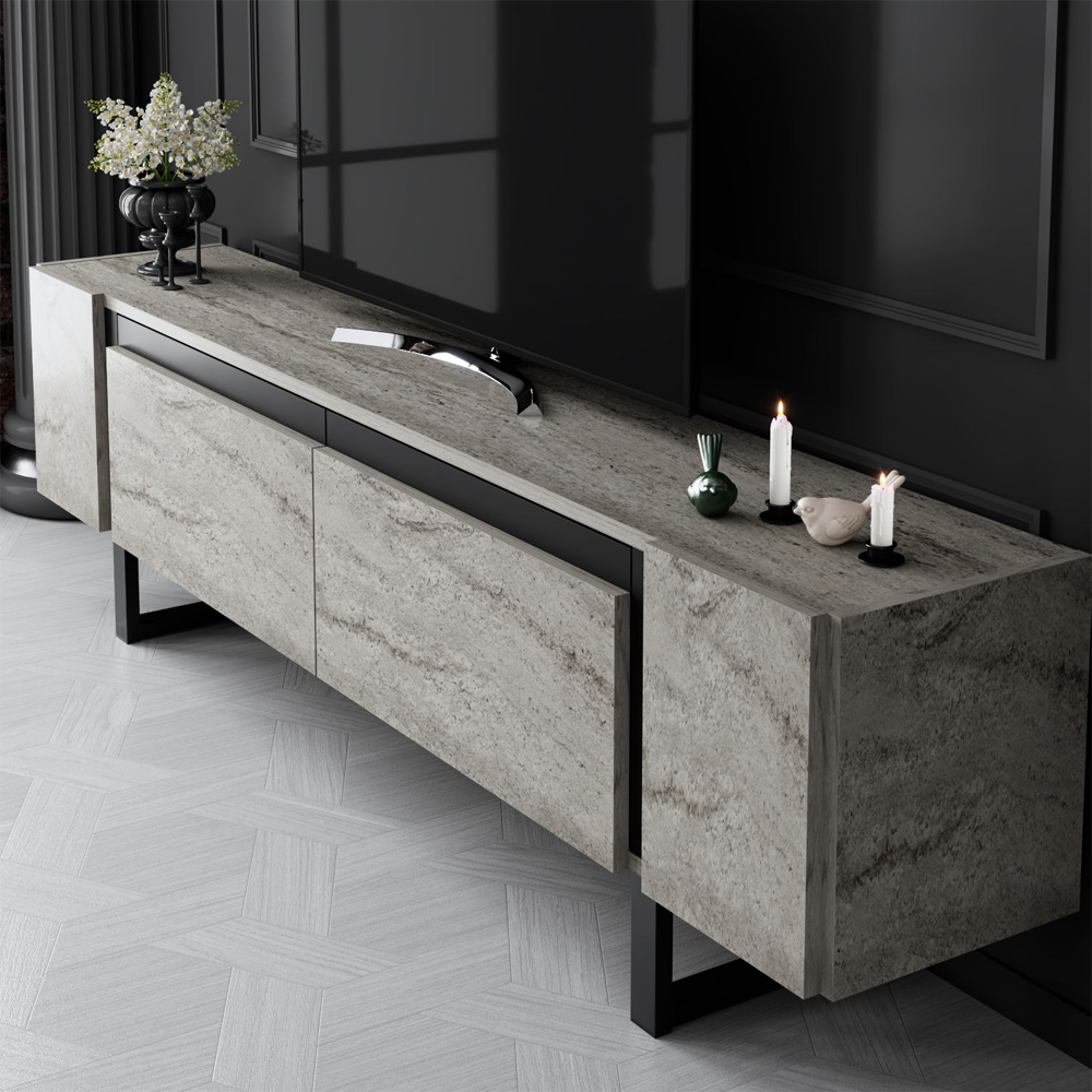 Orlento Wooden TV Stand with Black Metal Legs in Travertine Marble Effect