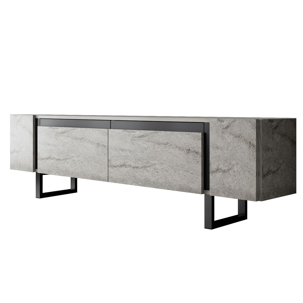 Orlento Wooden TV Stand with Black Metal Legs in Travertine Marble Effect