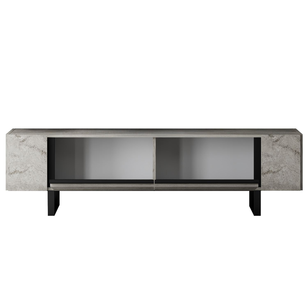 Orlento Wooden TV Stand with Black Metal Legs in Travertine Marble Effect
