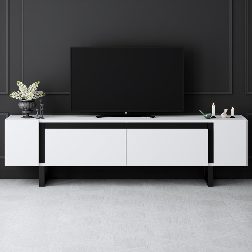 Orlento Wooden TV Stand with Black Metal Legs in White