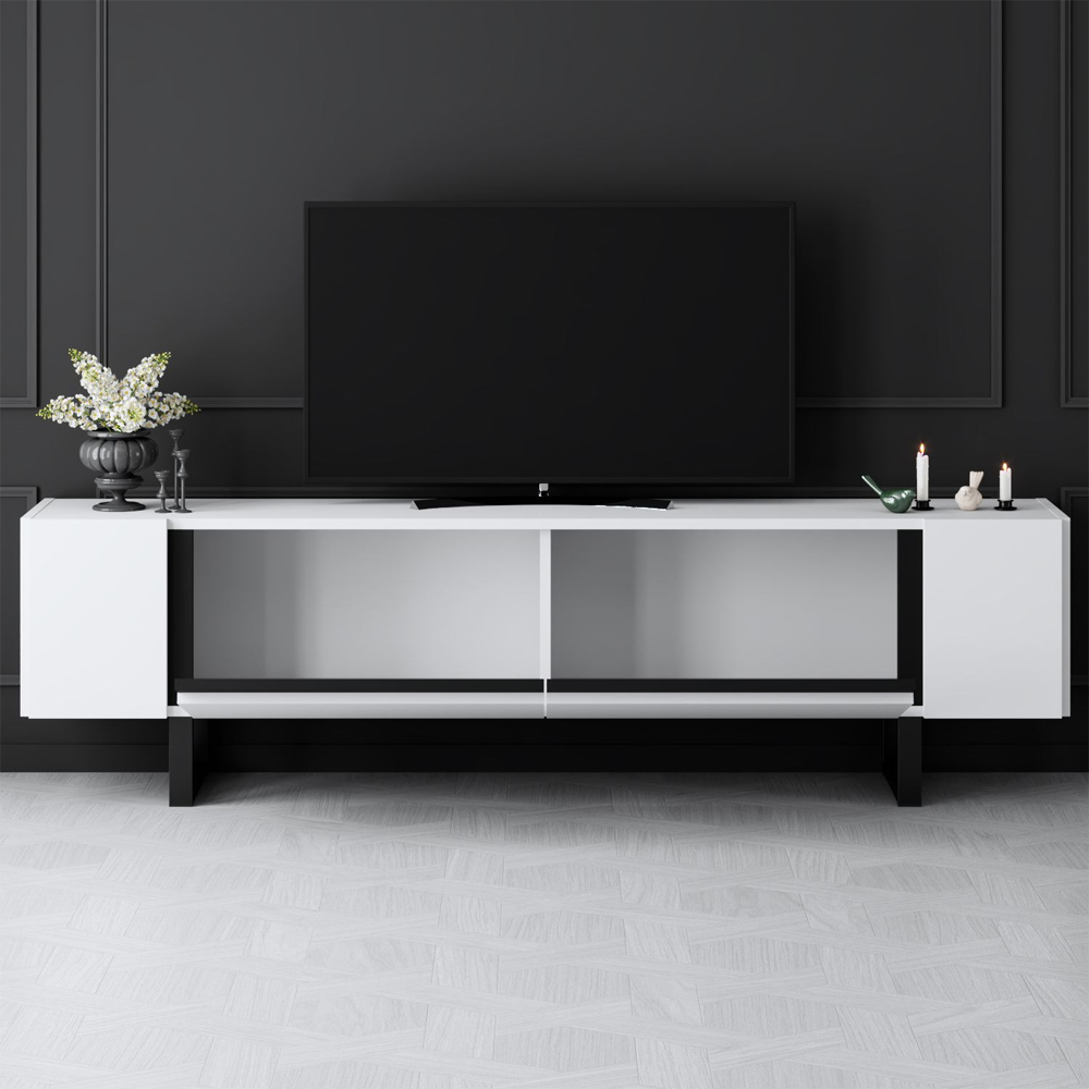 Orlento Wooden TV Stand with Black Metal Legs in White