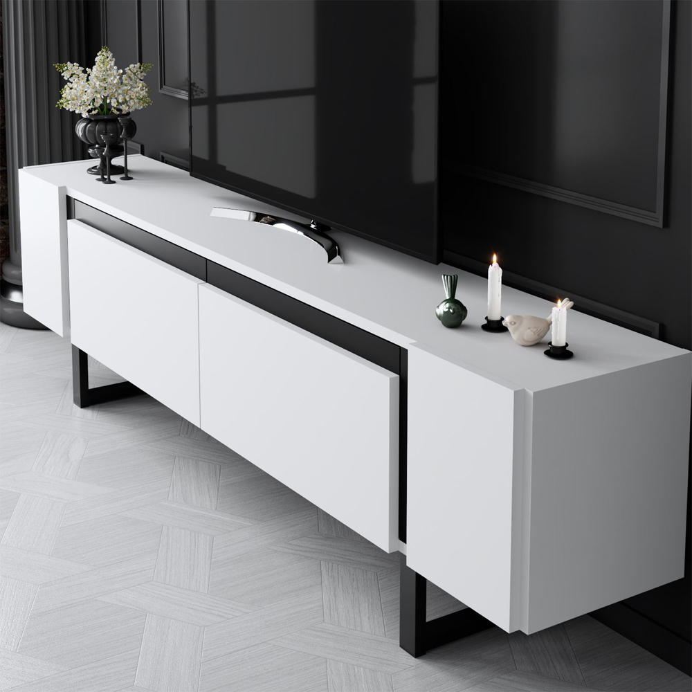 Orlento Wooden TV Stand with Black Metal Legs in White