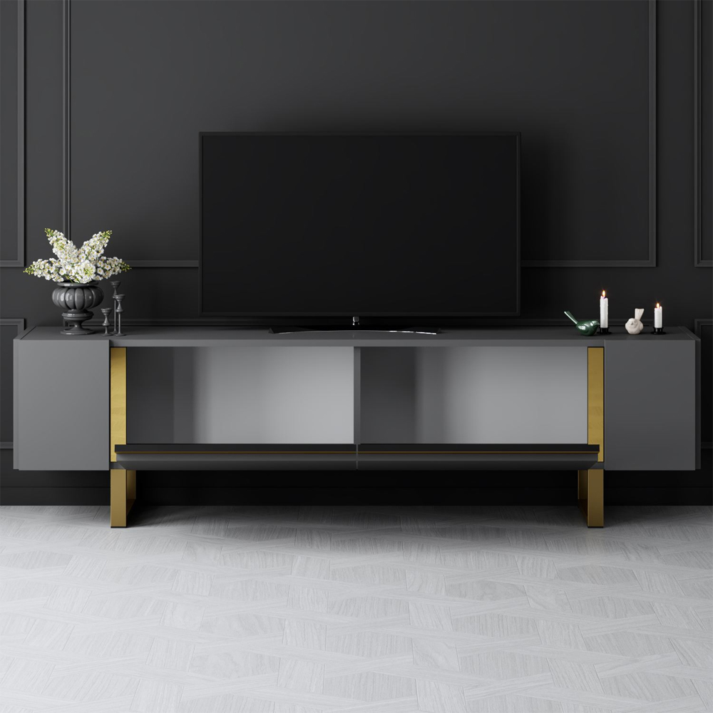 Orlento Wooden TV Stand with Gold Metal Legs in Anthracite
