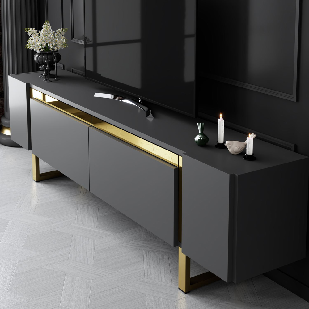 Orlento Wooden TV Stand with Gold Metal Legs in Anthracite