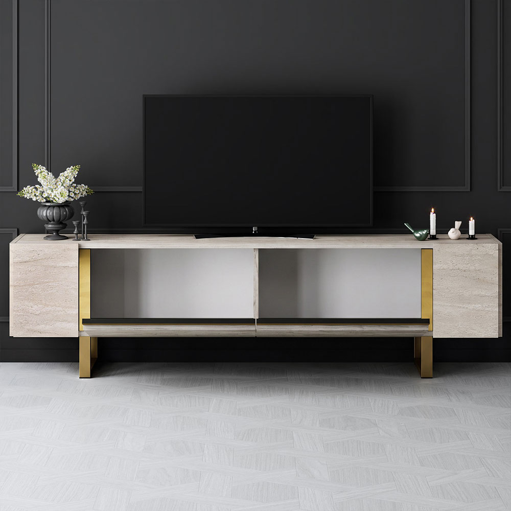 Orlento Wooden TV Stand with Gold Metal Legs in Travertine Marble Effect
