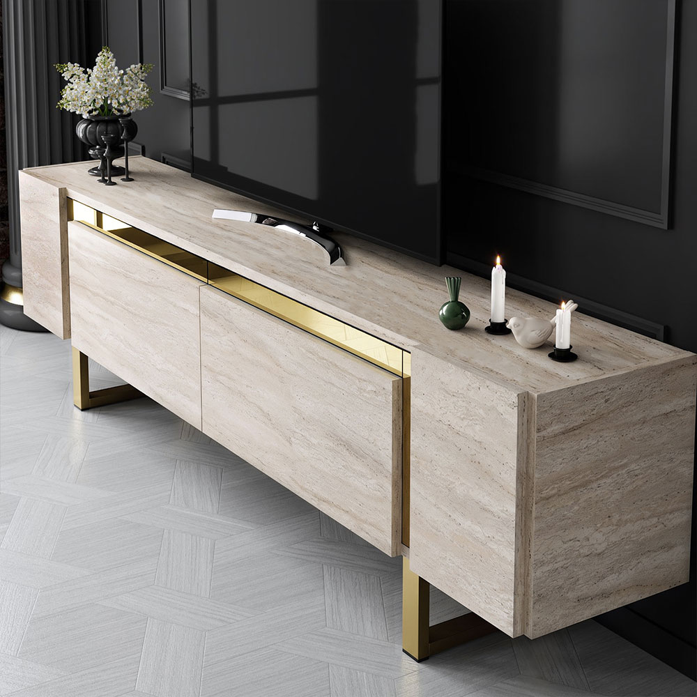 Orlento Wooden TV Stand with Gold Metal Legs in Travertine Marble Effect