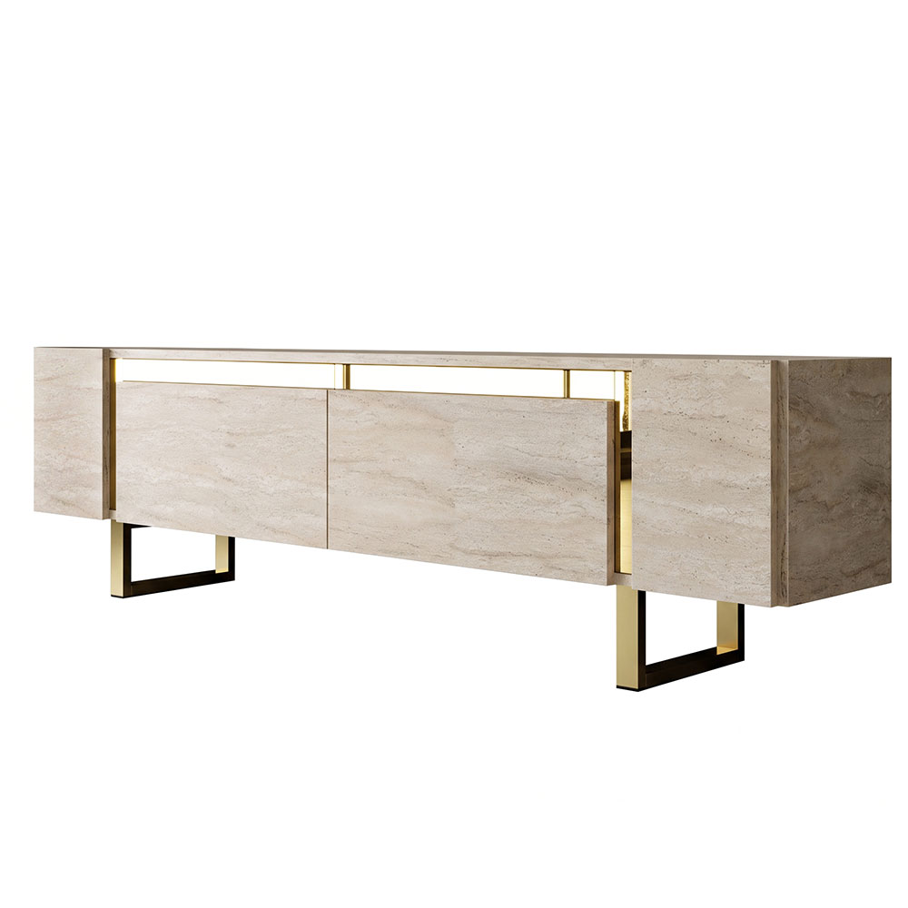 Orlento Wooden TV Stand with Gold Metal Legs in Travertine Marble Effect