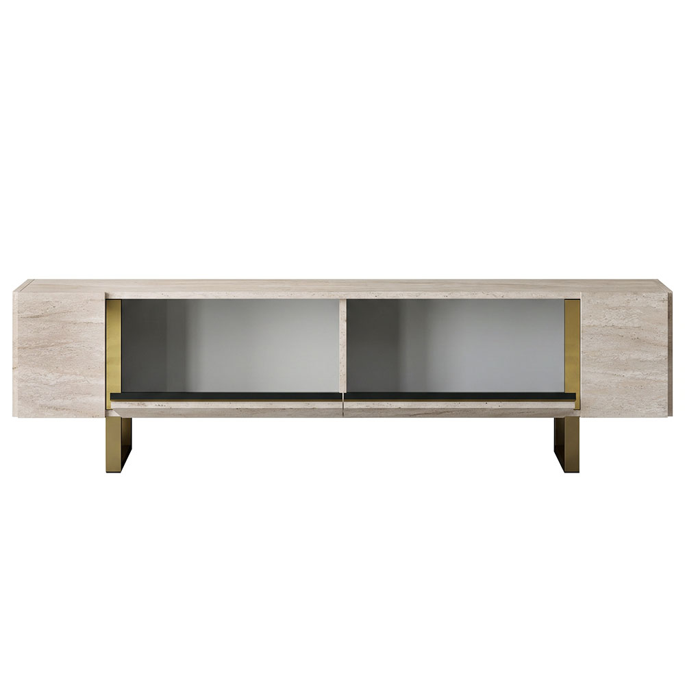 Orlento Wooden TV Stand with Gold Metal Legs in Travertine Marble Effect