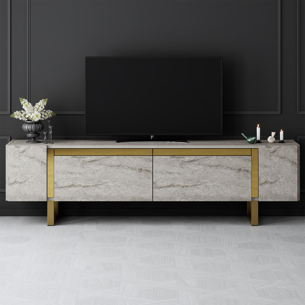 Orlento Wooden TV Stand with Gold Metal Legs in Travertine Marble Effect
