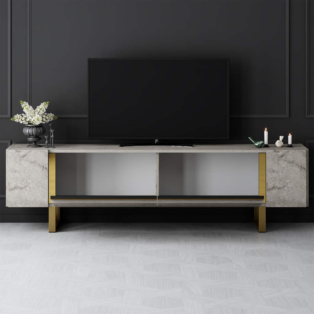 Orlento Wooden TV Stand with Gold Metal Legs in Travertine Marble Effect