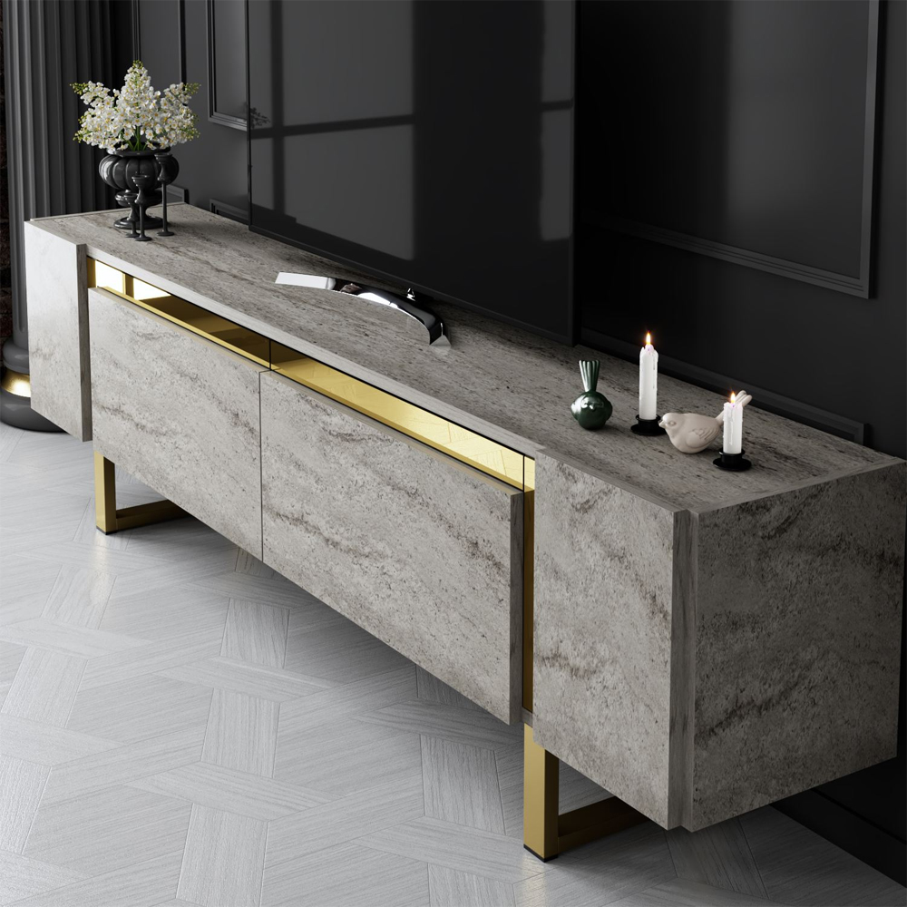 Orlento Wooden TV Stand with Gold Metal Legs in Travertine Marble Effect