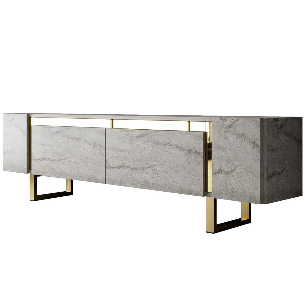 Orlento Wooden TV Stand with Gold Metal Legs in Travertine Marble Effect