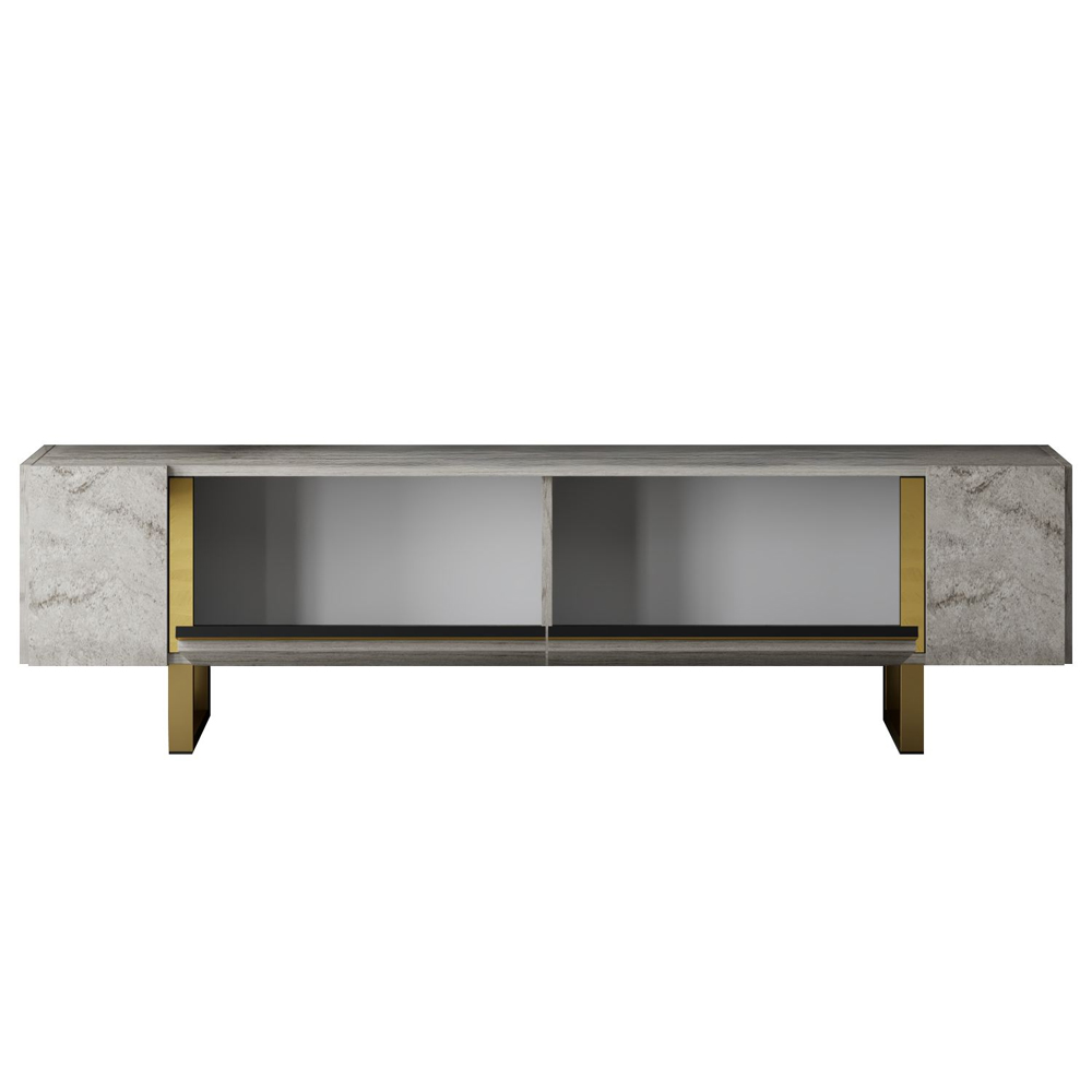 Orlento Wooden TV Stand with Gold Metal Legs in Travertine Marble Effect