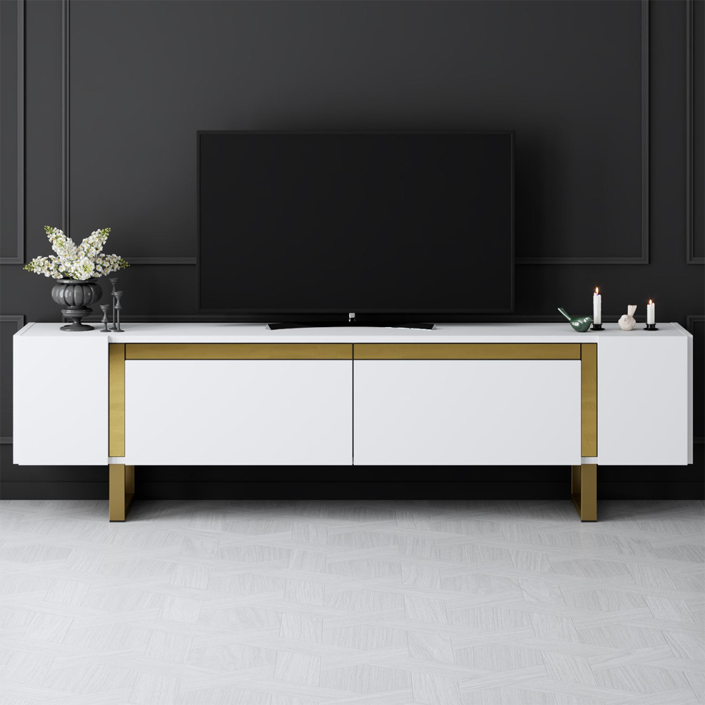 Orlento Wooden TV Stand with Gold Metal Legs in White