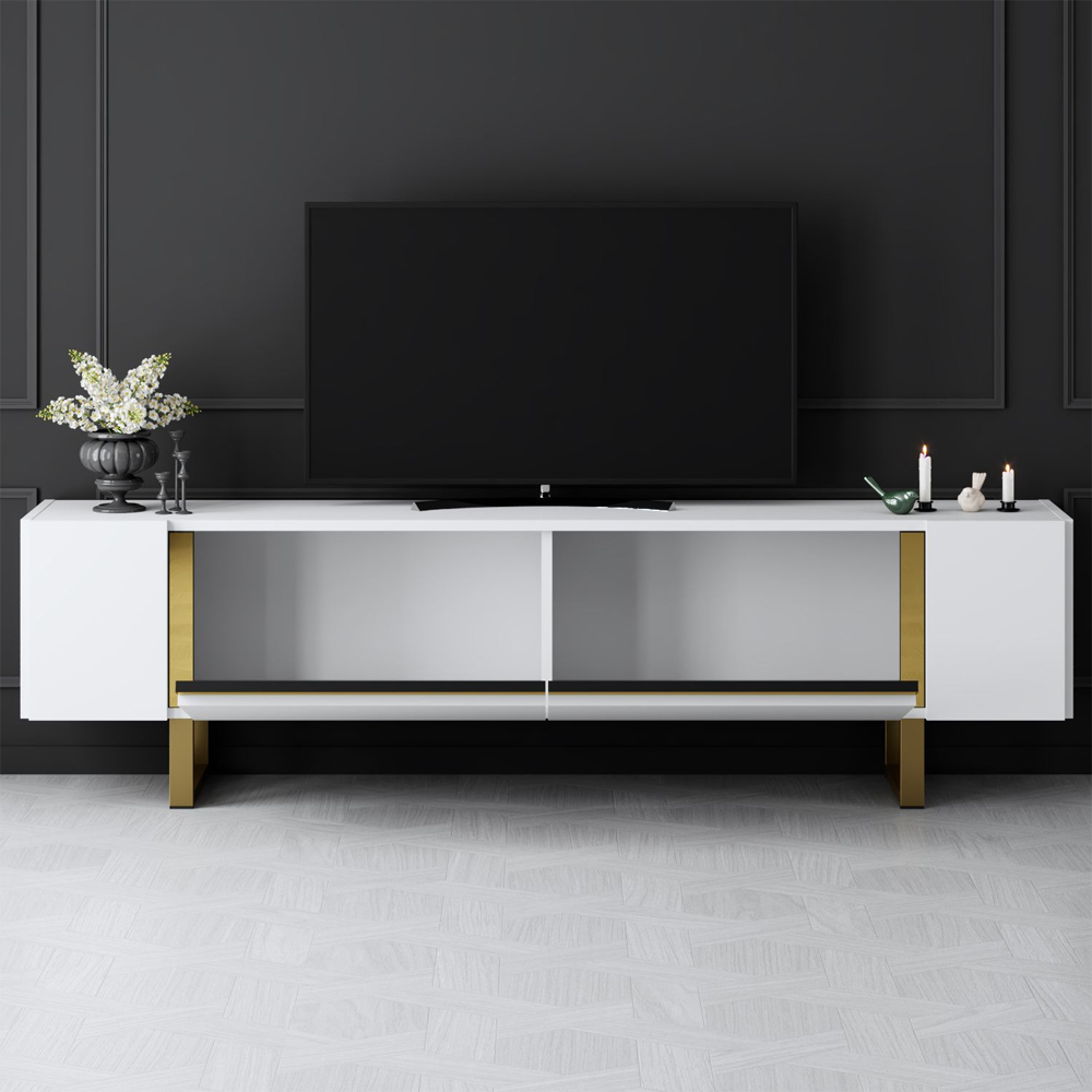 Orlento Wooden TV Stand with Gold Metal Legs in White