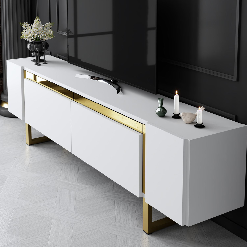 Orlento Wooden TV Stand with Gold Metal Legs in White