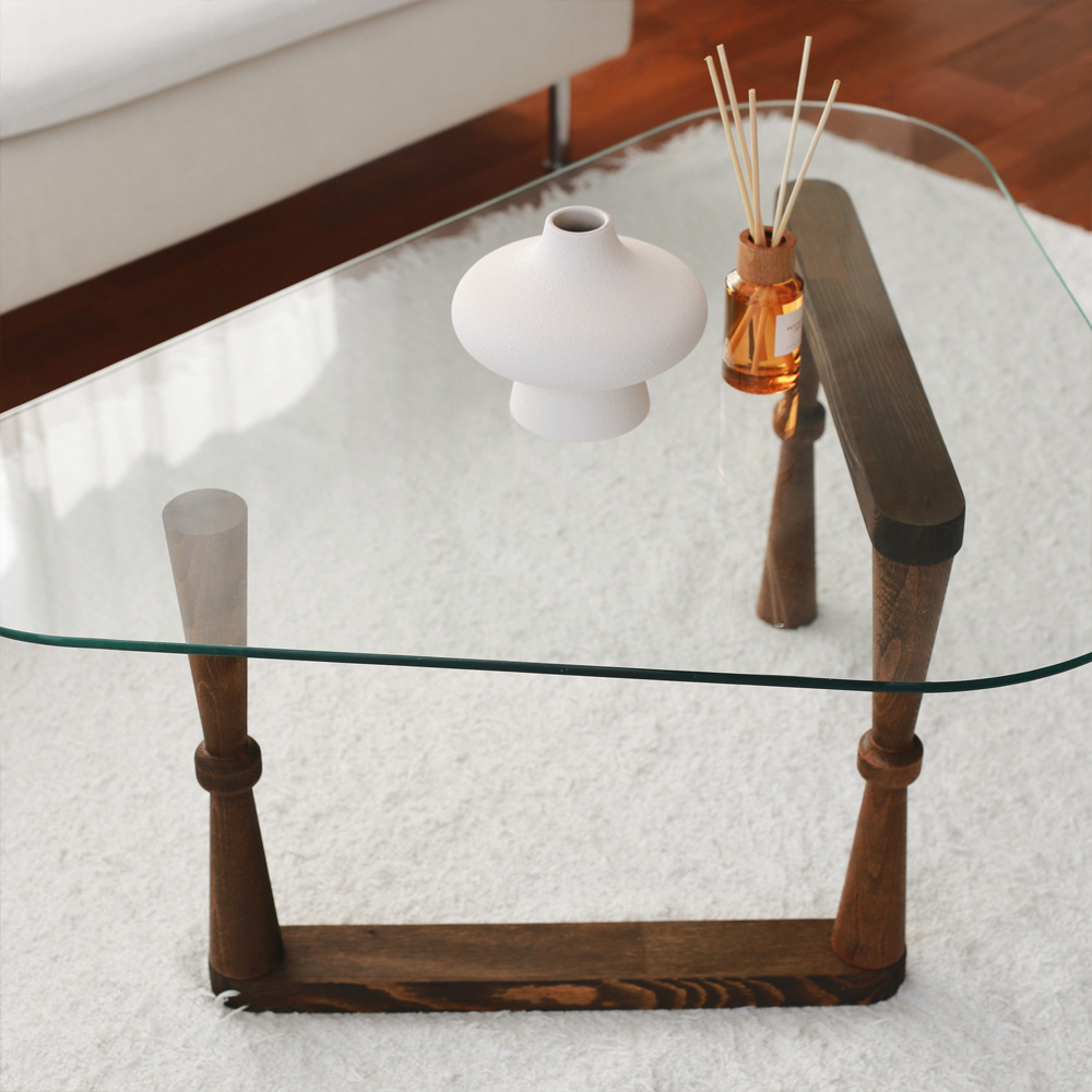 Orniva Tempered Glass Top Coffee Table With Beech Wood Frame