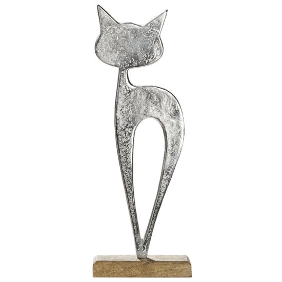 Product photograph of Oro Aluminium Cat Luna On Wood Base Sculpture Large In Silver from Furniture in Fashion