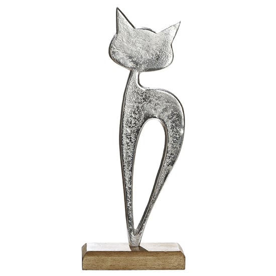 Product photograph of Oro Aluminium Cat Luna On Wood Base Sculpture Small In Silver from Furniture in Fashion
