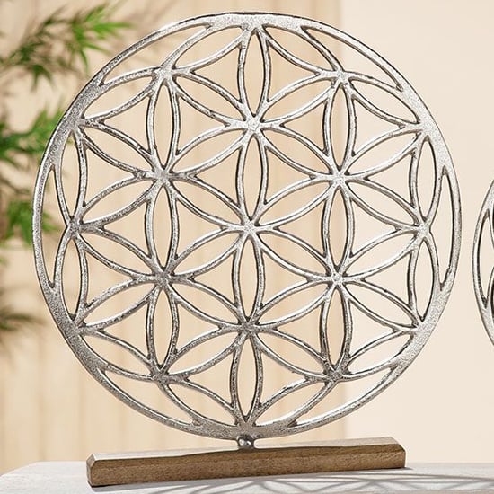 Product photograph of Oro Aluminium Flower Life On Wood Base Large Sculpture In Silver from Furniture in Fashion