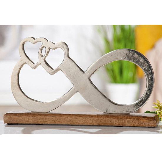 Read more about Oro aluminium infinity on wood base sculpture in silver