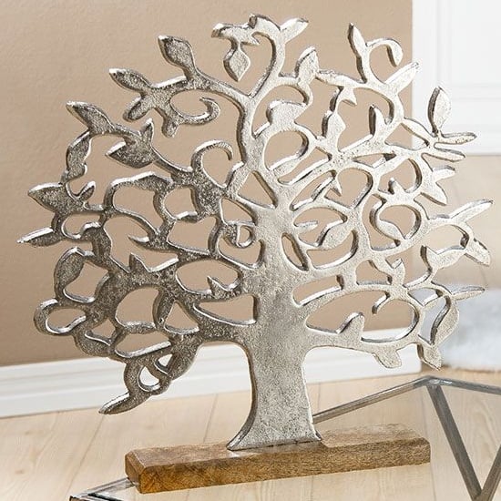 Read more about Oro aluminium tree on wood base large sculpture in silver