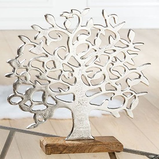 Product photograph of Oro Aluminium Tree On Wood Base Small Sculpture In Silver from Furniture in Fashion