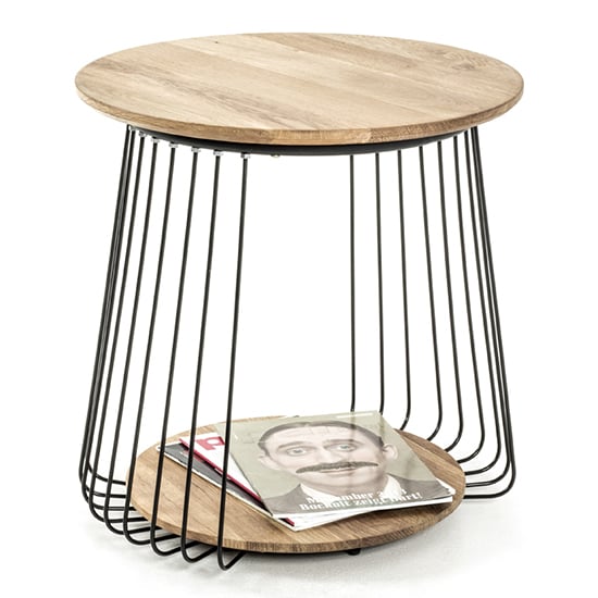 Orono Round Wooden Side Table In Oak With Black Metal Frame