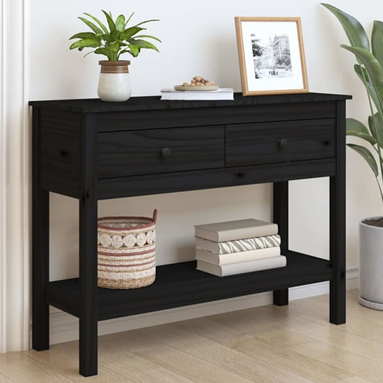 Photo of Orsin pine wood console table with 2 drawers in black