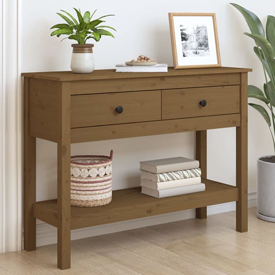 Read more about Orsin pine wood console table with 2 drawers in honey brown