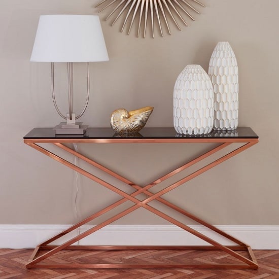 Photo of Orson smoked glass top console table with gold steel frame