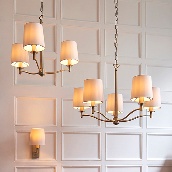Ortona 5 Light White Fabric Pendant Light In Matt Antique Brass
