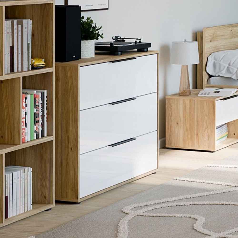 Orwyn Wooden Chest of 3 Drawers in Mauvella Oak and White Gloss