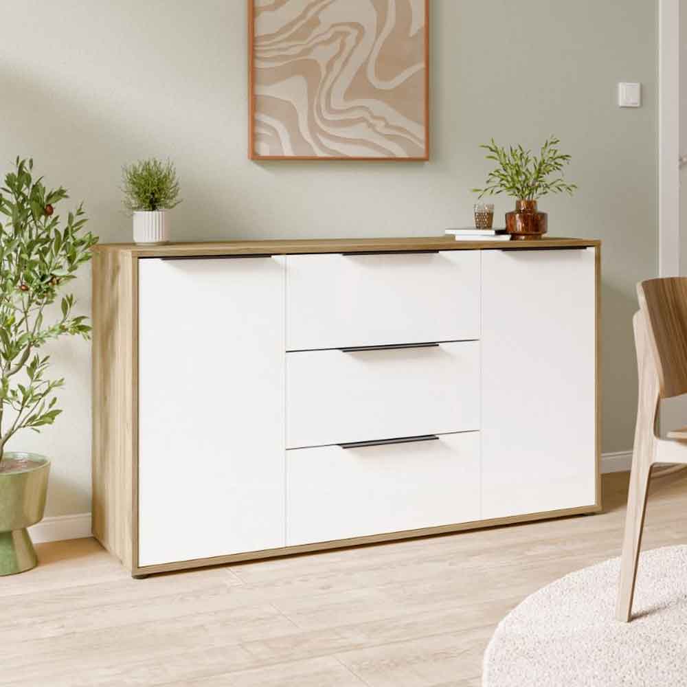 Orwyn Wooden Sideboard with 2 Doors 3 Drawers in Mauvella Oak and White Gloss
