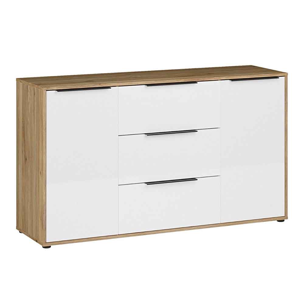 Orwyn Wooden Sideboard with 2 Doors 3 Drawers in Mauvella Oak and White Gloss
