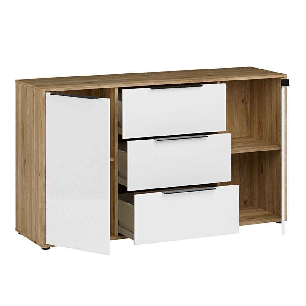 Orwyn Wooden Sideboard with 2 Doors 3 Drawers in Mauvella Oak and White Gloss