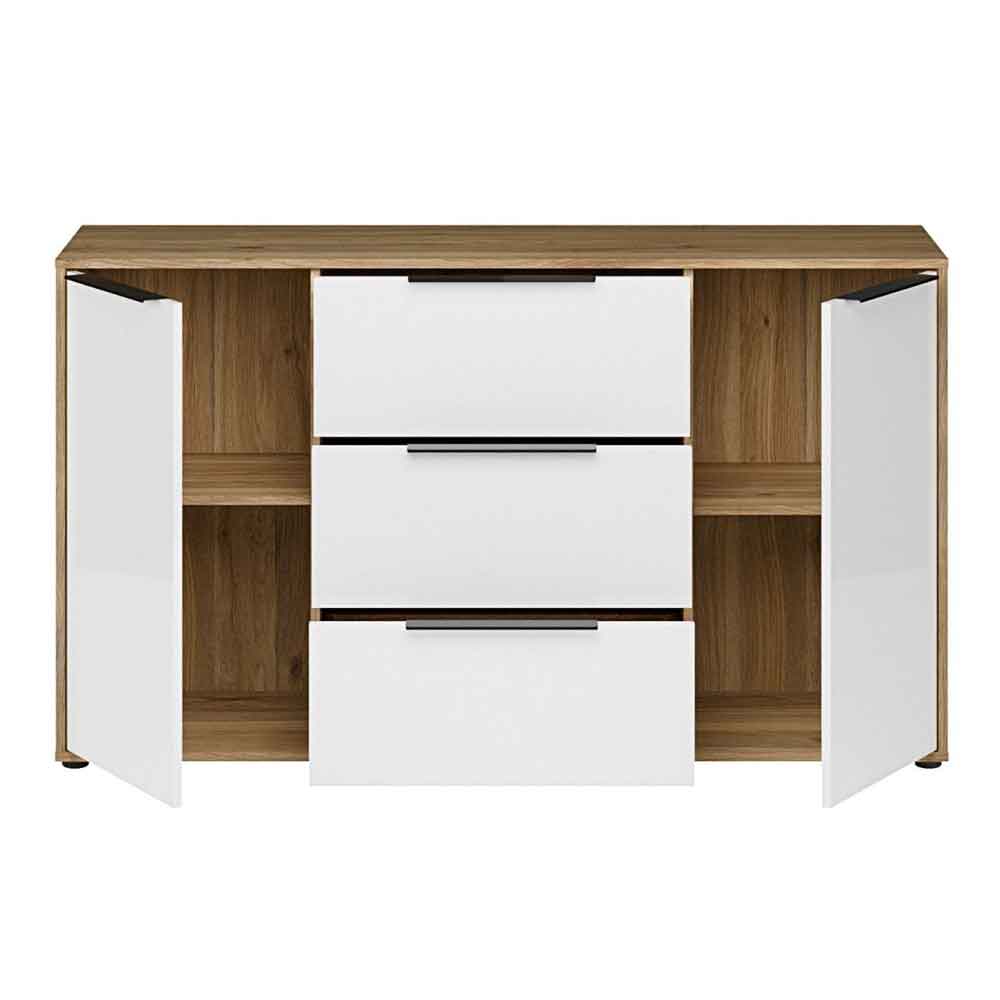 Orwyn Wooden Sideboard with 2 Doors 3 Drawers in Mauvella Oak and White Gloss