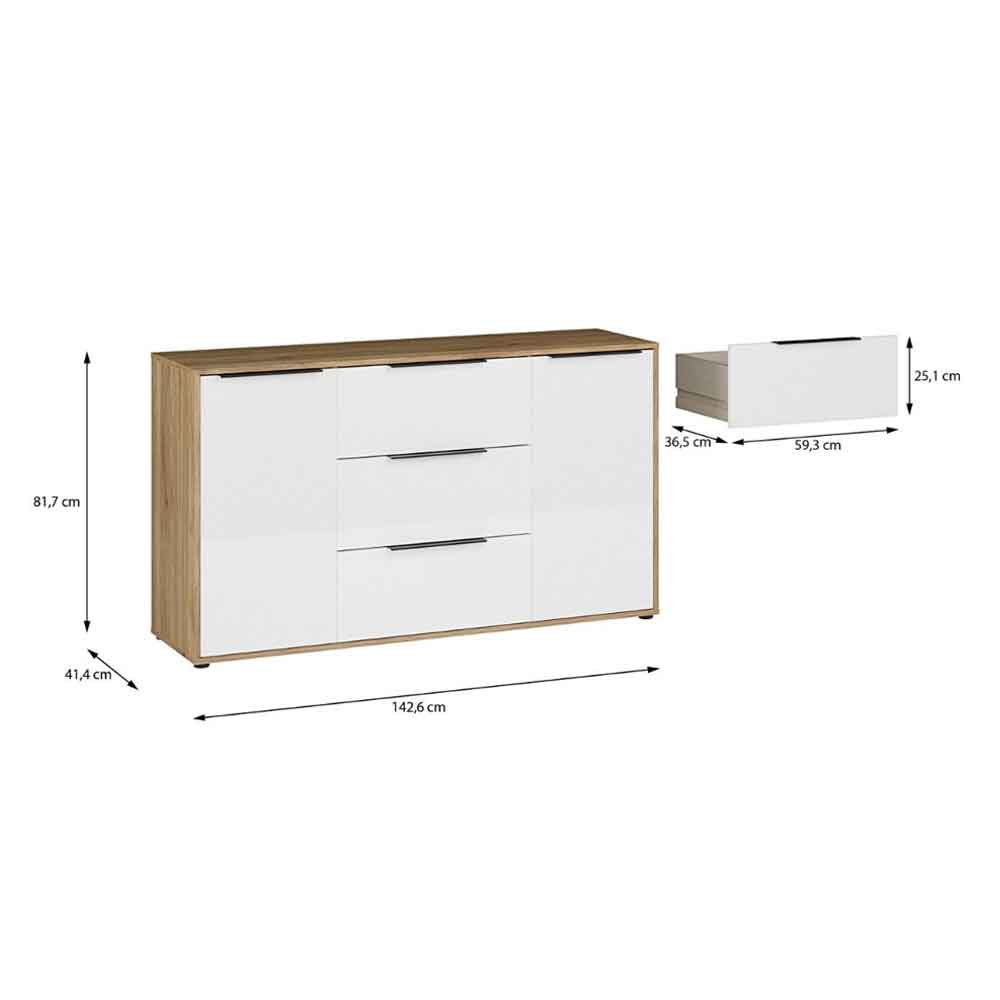 Orwyn Wooden Sideboard with 2 Doors 3 Drawers in Mauvella Oak and White Gloss