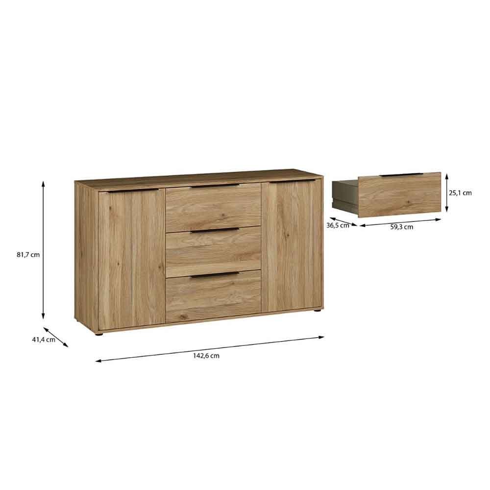 Orwyn Wooden Sideboard with 2 Doors 3 Drawers in Mauvella Oak