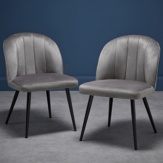Read more about Orzo grey velvet dining chairs with black legs in pair