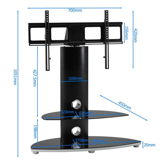 Osama Glass TV Stand With 2 Shelves And Bracket In Black