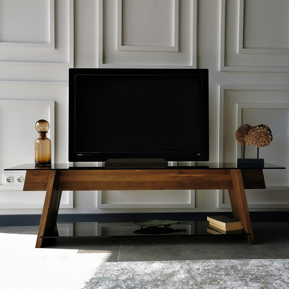 Osari Black Tempered Glass Top TV Stand with Solid Wood Walnut Frame