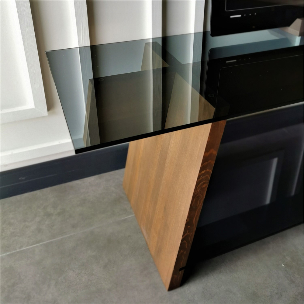 Osari Black Tempered Glass Top TV Stand with Solid Wood Walnut Frame