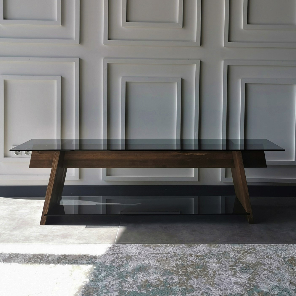 Osari Black Tempered Glass Top TV Stand with Solid Wood Walnut Frame