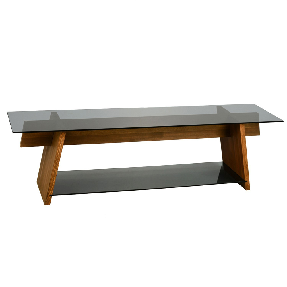 Osari Black Tempered Glass Top TV Stand with Solid Wood Walnut Frame
