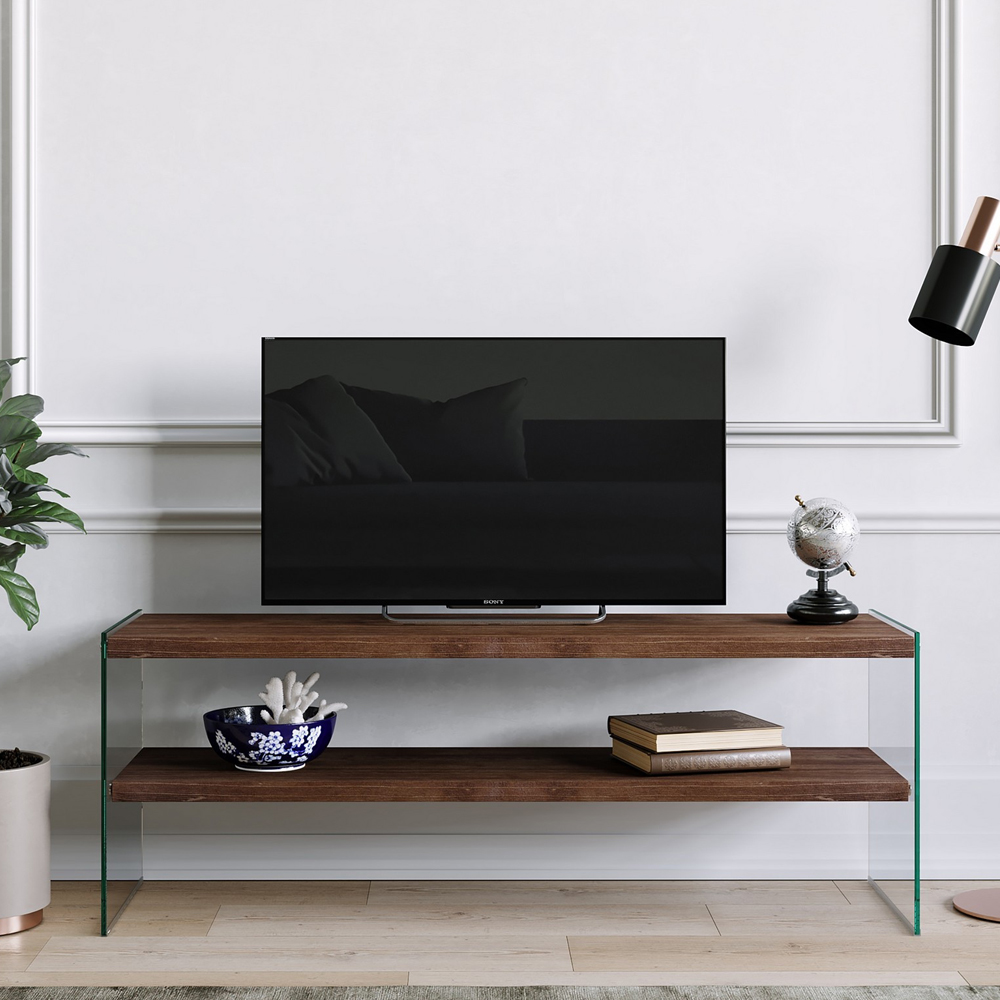 Osari Tempered Glass Frame TV Stand with Solid Wood Walnut Shelves